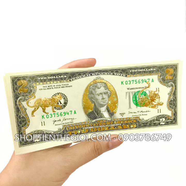 Tiền 2 USD in hình con Mèo 3D nhũ vàng 